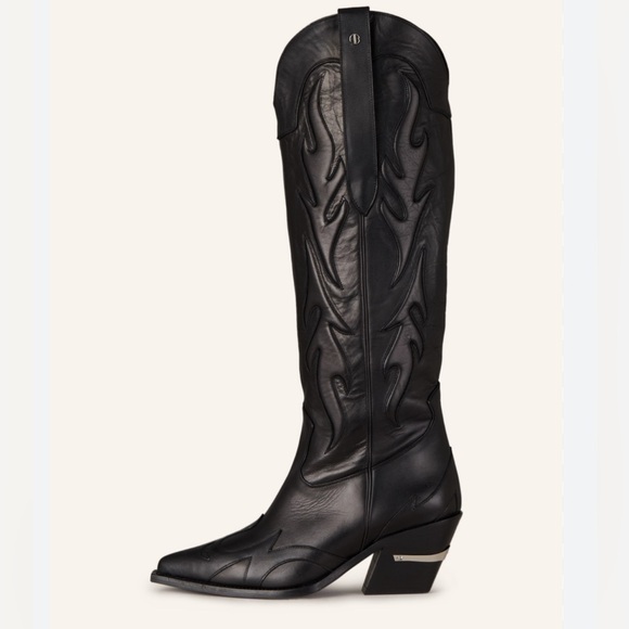 Anine Bing Shoes - Anine Bing Black Leather Western Knee-High Heeled Boots